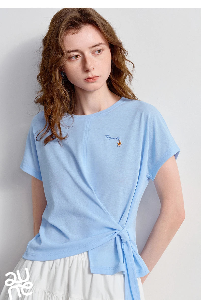 TOYOUTH Women's Asymmetric Wrap Tie T-Shirt 2026 Summer New Long Sleeve Starfish Print Loose Pullover Top