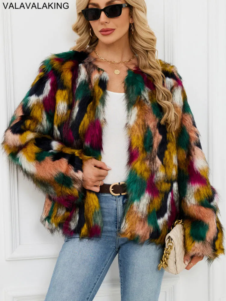 2026 Autumn Winter Color Print Faux Fur Coat Women Casual Long Sleeve Fluffy Plush Jacket O Neck Thick Fake Fur Warm Outwear