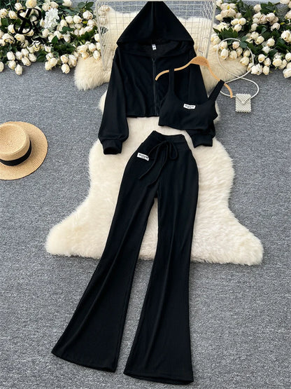 SINGREINY 2026 Autumn Sporty Suits Ladies Full Sleeves Hoodies+Sling Mini Camis+Drawstring Long Pants Casual Three Pieces Sets
