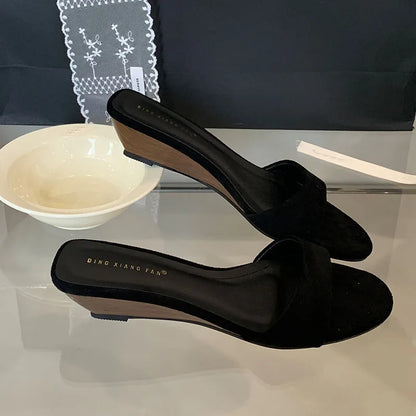 Flock Fashion Round Toe Women Wedges Slippers Sandals Shoes Luxury Female Slides Footwear Sexy Ladies Heeled Slippers Shoes