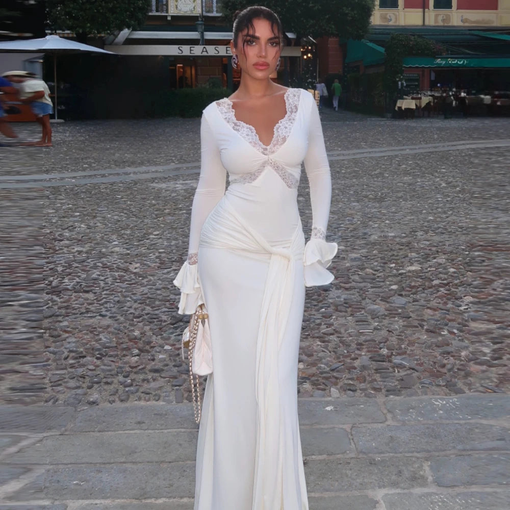 Elegant Mermaid Evening Dress Temperament Lace V-Neck Sweep Train Customized Celebrity Gowns Charming Jersey Prom Dresses