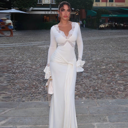 Elegant Mermaid Evening Dress Temperament Lace V-Neck Sweep Train Customized Celebrity Gowns Charming Jersey Prom Dresses