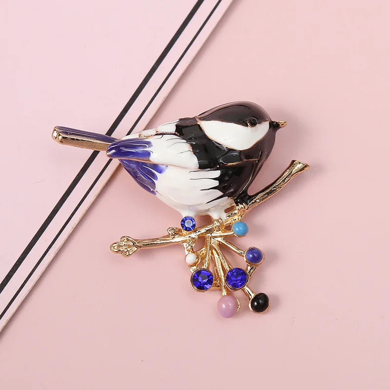Fashion Magpie Brooch Cute Bird Flower Enamel Rhinestone Corsage Pin Clothing Accessories Jewelry