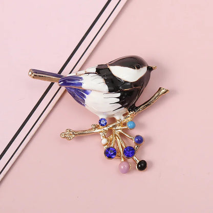 Fashion Magpie Brooch Cute Bird Flower Enamel Rhinestone Corsage Pin Clothing Accessories Jewelry