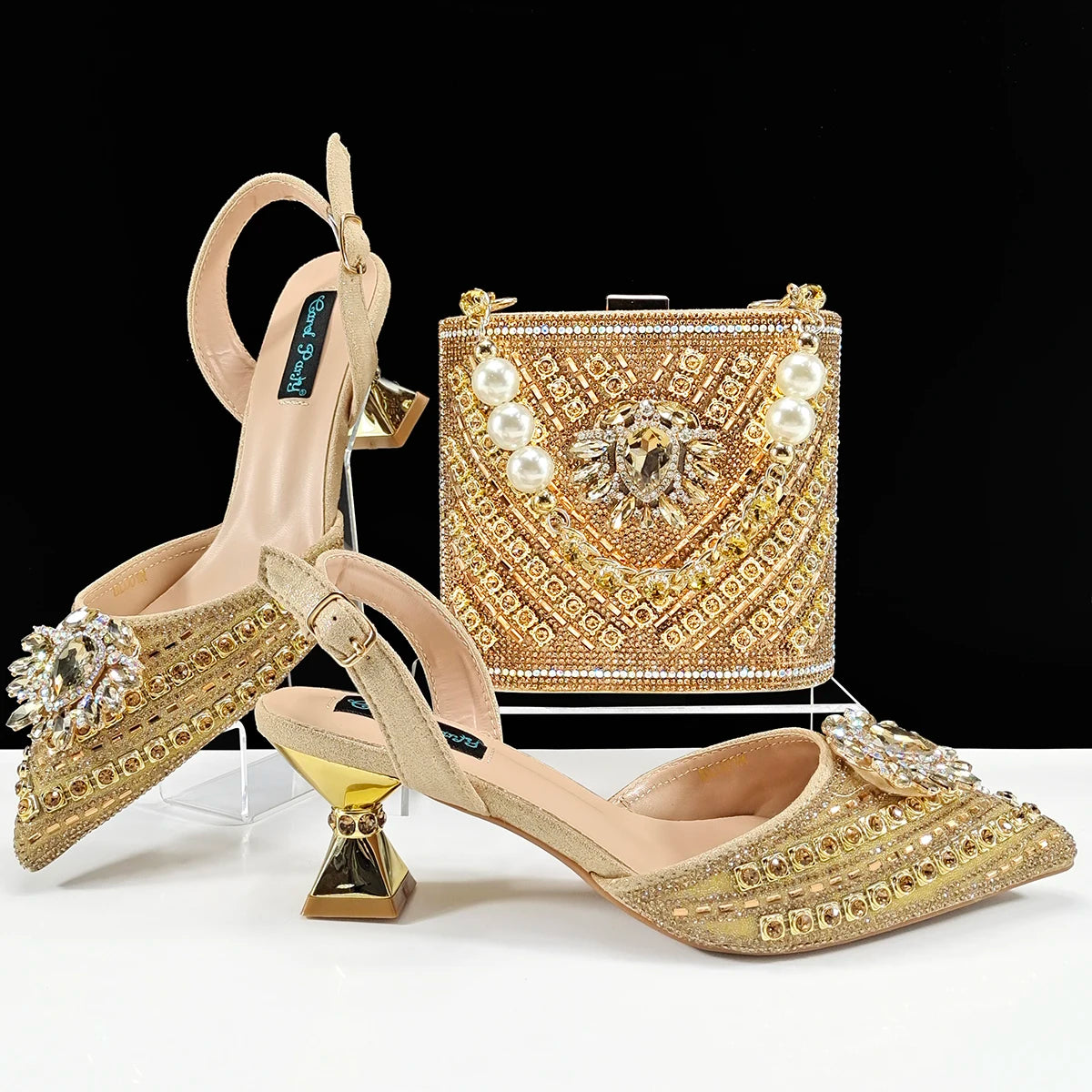 Queena Yan 2025 Italian Style Pointed Toe Rhinestone High Heels and Gold Wedge Bag Set - Elegant Ladies Party Women Shoes Heel