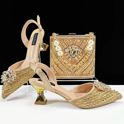 Queena Yan 2025 Italian Style Pointed Toe Rhinestone High Heels and Gold Wedge Bag Set - Elegant Ladies Party Women Shoes Heel