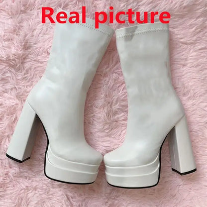 Foreign Trade Women's Shoes Fashion Super High Heels Platform Short Boots New Chunky Heel Mid-calf Boots Casual Ankle Boots CD