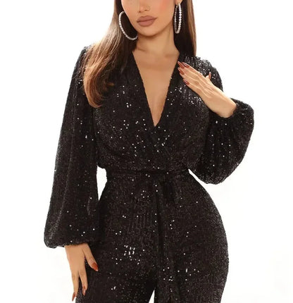 2026 Women's Elegant Sequined Jumpsuit Spring Summer Ladies Bling Bling V-neck High Waist Rompers Overalls with Lantern Sleeve