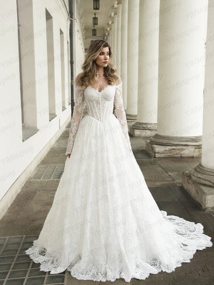 White Lace Wedding Dresses Off Shoulder Long Sleeve A Line Bride Dress Strapless Long Train Summer Garden Bridal Gown Customized