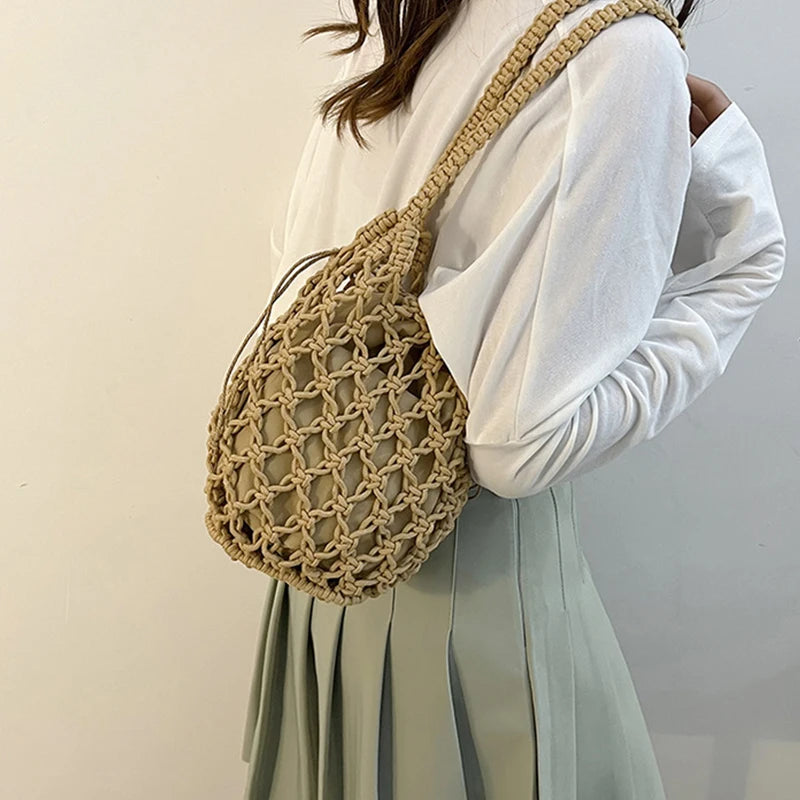 Summer Beach Bag For Women Mesh Rope Knitted Bucket Shoulder Bags  Reticulate Hollow Travel Shopper Totes Ladies Fashion Handbag