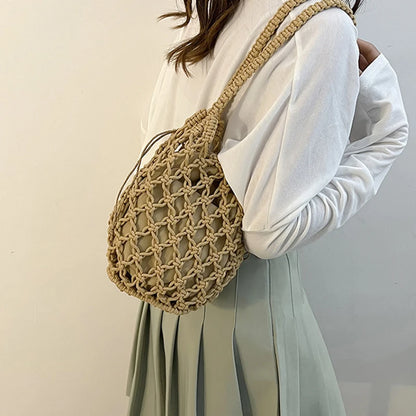 Summer Beach Bag For Women Mesh Rope Knitted Bucket Shoulder Bags  Reticulate Hollow Travel Shopper Totes Ladies Fashion Handbag