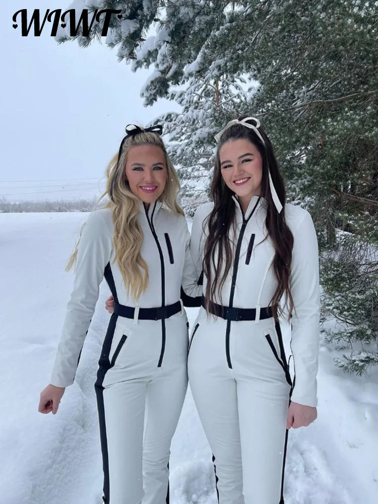 Winter Patchwork Ski Jumpsuits For Women Long Sleeve Waterproof Windproof Skiing Overall Female 2025 Elegant Skateboard Jumpsuit