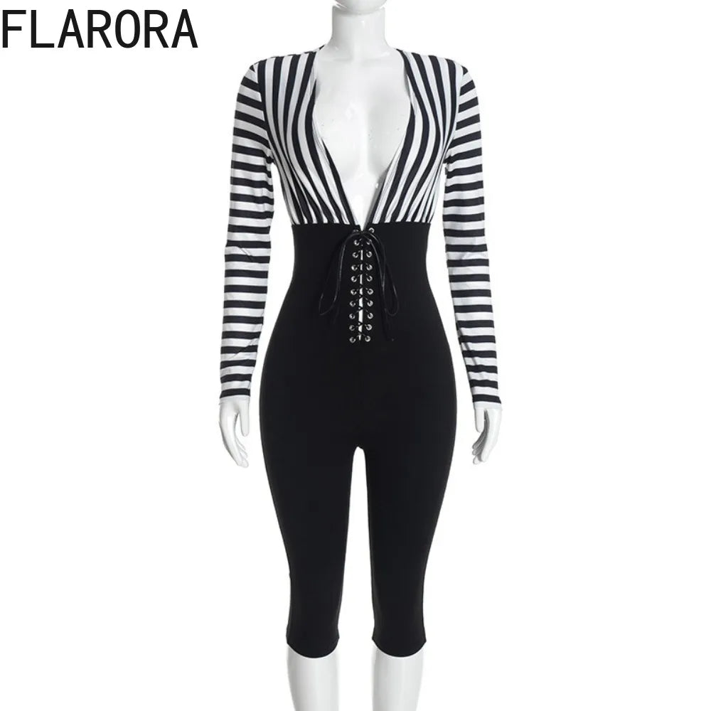 FLARORA Trend Stripe Color Blocking Jumpsuits Woman Deep V Neck Full Sleeve Bandage Skinny Peach Hip Sexy Party Club Overalls