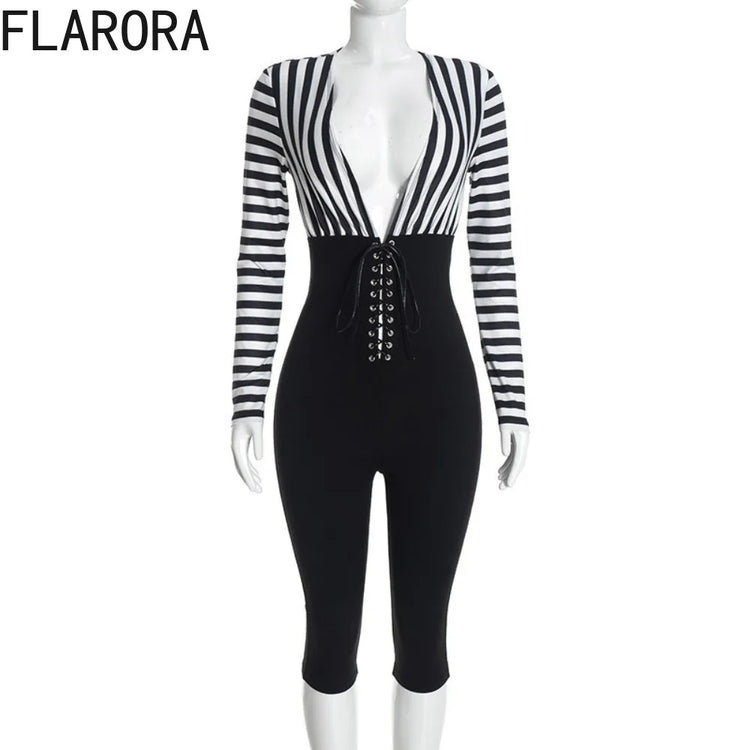 FLARORA Trend Stripe Color Blocking Jumpsuits Woman Deep V Neck Full Sleeve Bandage Skinny Peach Hip Sexy Party Club Overalls