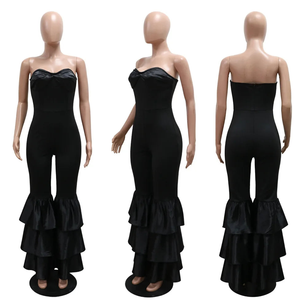 Jumpsuits Strapless Women Sleeveless Sexy Rompers One Piece Overalls Slim Fit Long Pant Ruffles Patchwork Elegant Lady