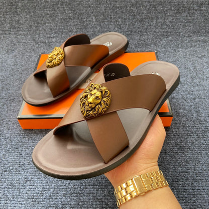 size38-48 original shoes brand summer leather slides for man black brown fashion shoes for mens slippers business beach slippers