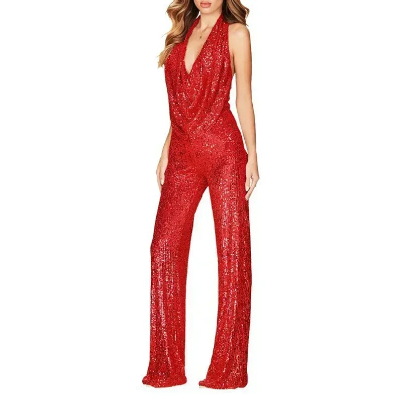 Sequins Sexy Jumpsuits Women Halter Fashion Summer Party Elegant Sleeveless Female New High Waist Street Straight Rompers