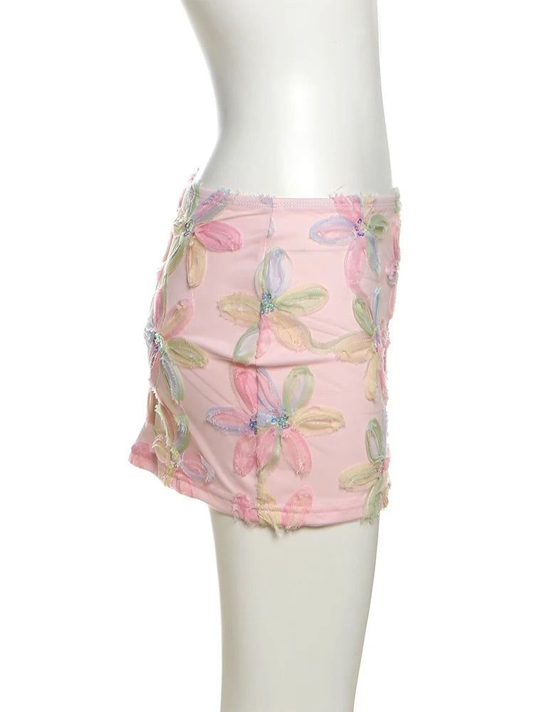 Weird Puss Colorful Flowers Skirts Women Sequins Patchwork Mesh Summer Trend Sweet Street Party Casual Holiday Chic Mini Bottoms