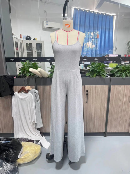 Casual Jumpsuit Jumpsuits For Woman Sling Women's Clothing Solid Color Backless Sleeveless Loose Wide Legs Trouser Simple Style