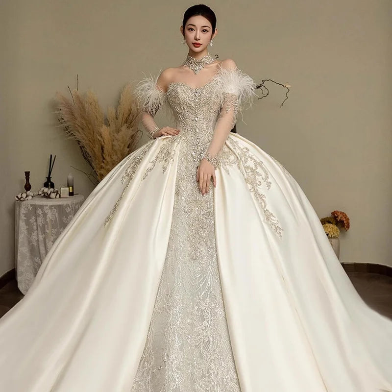Customized Vestido De Noiva Strapless Sleeveless Wedding Dresses 2025 For Women Beads Sewn Ivory Lace Bride Boho Bridal Gown 096