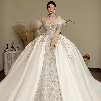 Customized Vestido De Noiva Strapless Sleeveless Wedding Dresses 2025 For Women Beads Sewn Ivory Lace Bride Boho Bridal Gown 096