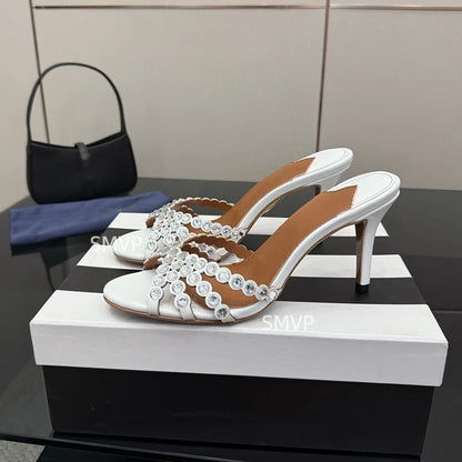 Summer 2026 Women's Pink Crystal High Heels Diamond-Encrusted Slim Heel Sandals for Outdoor Weddings Parties Fashionable Ladies'