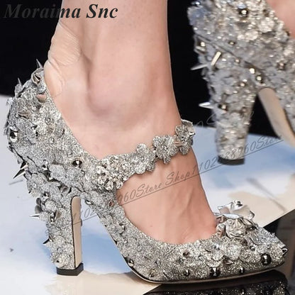 Runway Silver Glitter Rivet Flower Pumps Chunky High Heel Shoes For Women Button Strap Pointed Toe 2025 Zapatos Para Mujere