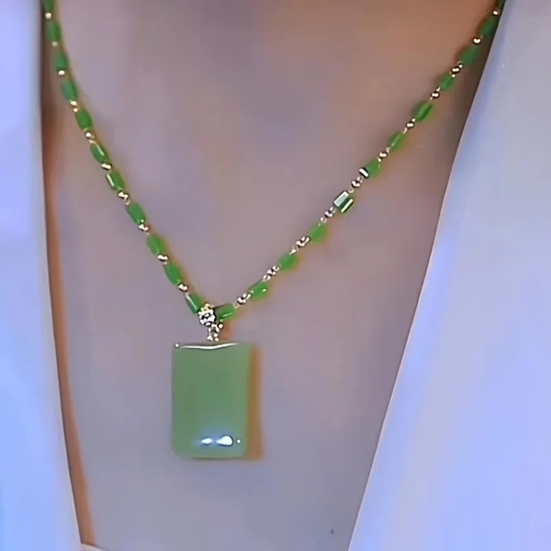 1pc Elegant Green Plain Bamboo Chain Pendant Necklace for Women Daily Jewelry Chic Sweater Chain Tassel Jade Gifts Accessories