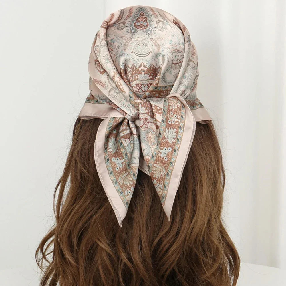 Luxury Satin Paisley Print Silk Scarf Bohemian Multi-Use Shawl High-Quality Bandana Edge Headscarf Commuting Travel Decorative
