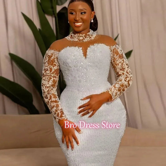 African Mermaid Wedding Dress For Bride Customized Beaded Lace High Neck Long Sleeves Bridal Gowns Detachable Train Customized