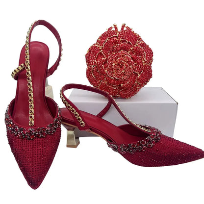 Insightlink Luxury Red Rhinestone Slingback Heels Bow Clutch Set Pointed Toe Shoes for Women Wedding Party Banquet Formal Event