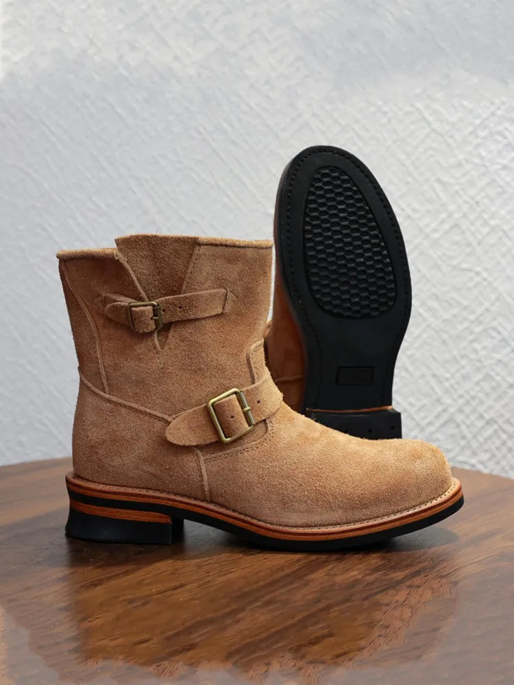 Men New Handmade Comfortable Buckle Ankle Boots High Top Mid Heel Sneakers Classic Cow Suede Leather Work Shoes Motorcycle Boots