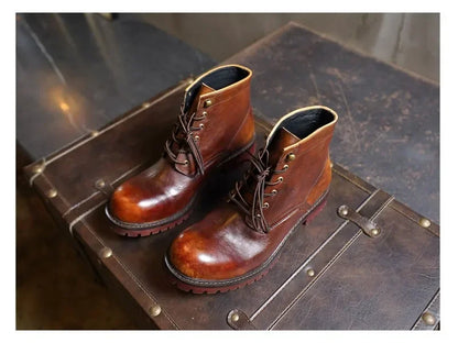 Fashion Men's Genuine Leather Motorcycle Boots British Brogue Shoes High-top Round Toe Mid-calf Chelsea Western Riding Boots