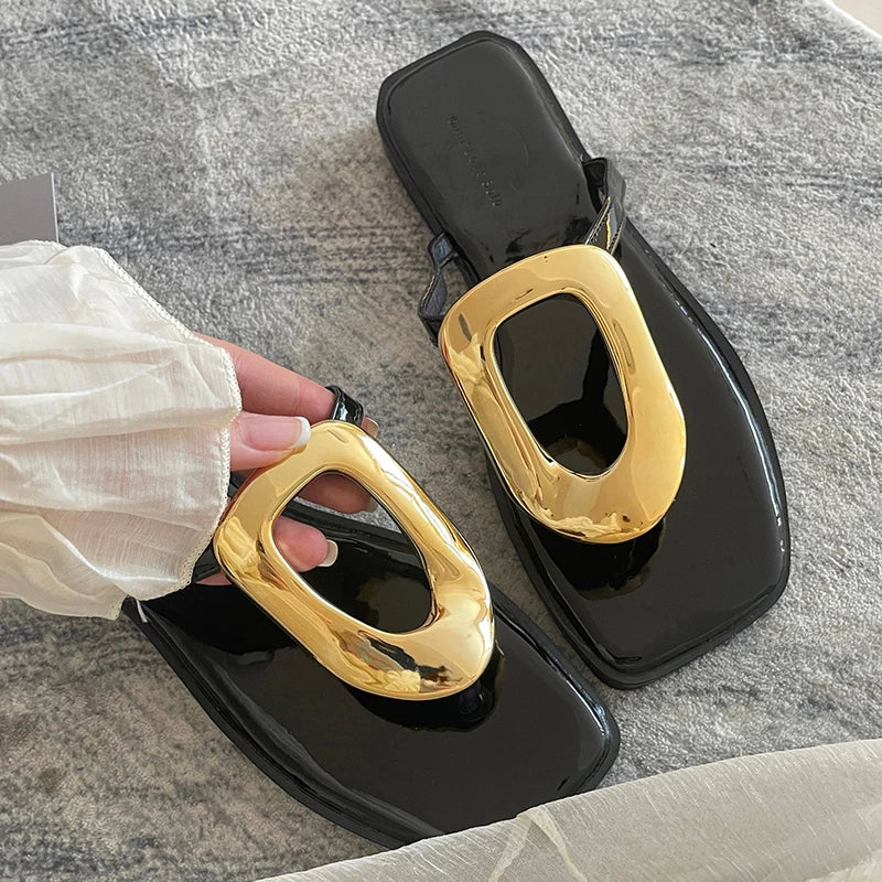 New In 2025 Luxury Women Slippers Summer Beach Fashion Metal Flip Flops Female Slides Slippers Ladies Flats Sandals Shoes