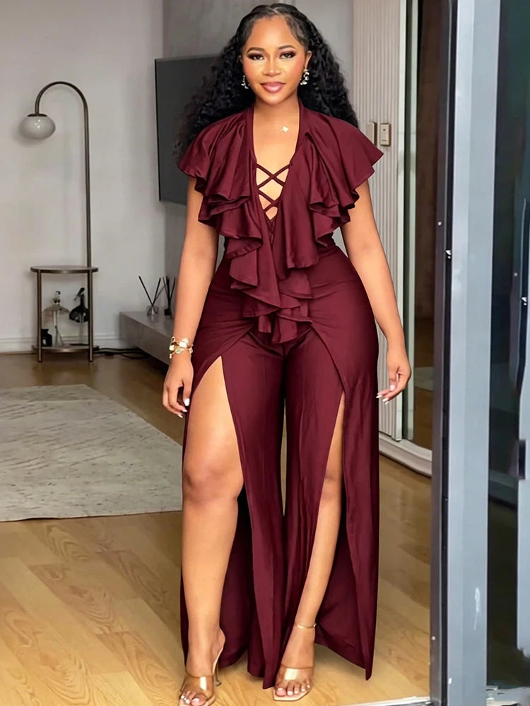 Plus Size Jumpsuit Woman Sexy Ruffle Trim Jumpsuit Deep V Neck Cross Lace Up High Slit Ladies Wide Leg Jumpsuit Dress Loungewear