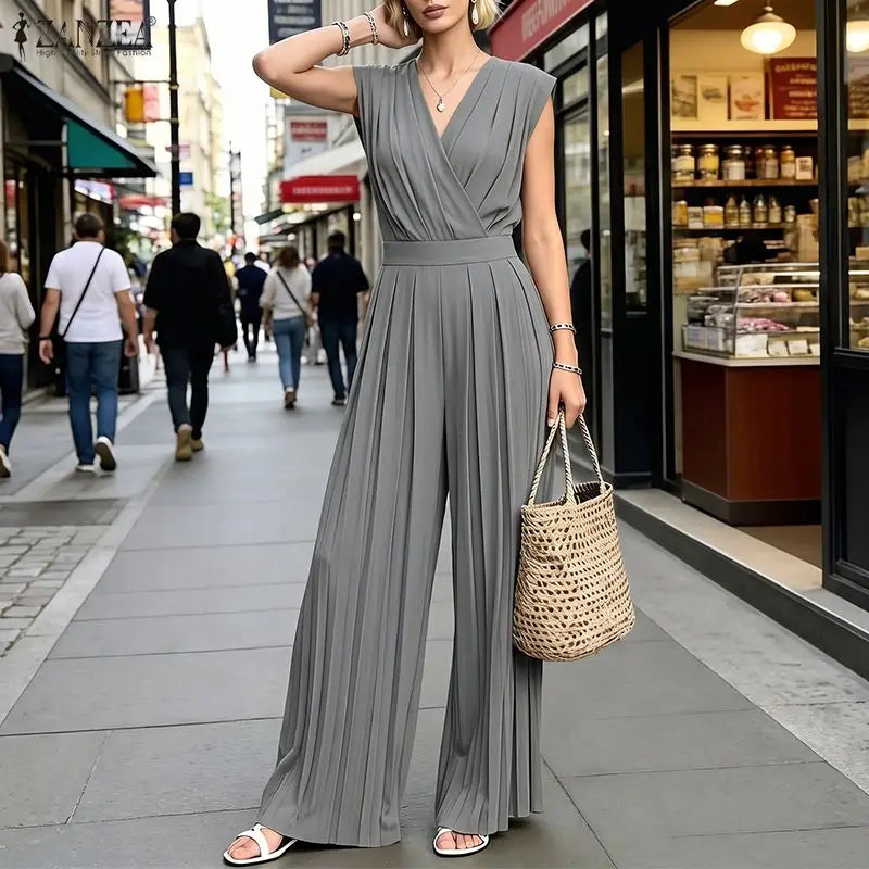 Women Street Fashion Minimalist Jumpsuits V-Neck Sleeveless Inverted Pleats Wide Leg Pant Overalls ZANZEA Commute Work Playsuits