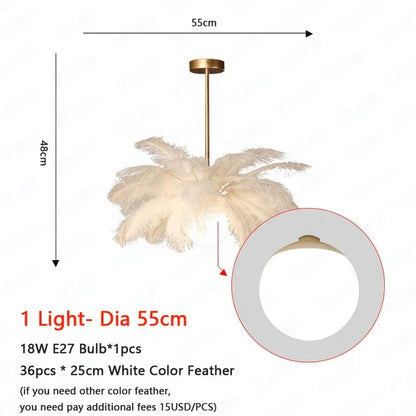 Nordic White Ostrich Feather Pendant Light Modern Led Chandelier Lights for Living Dining Room Children's Decor Hanghing Lamp
