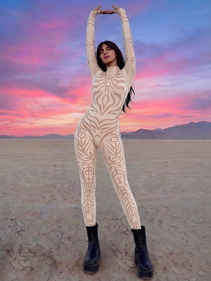 Weird Puss Sexy Striped Print Jumpsuits Women Wild Style Turtleneck Full Sleeve Midnight Party Club Stretch Streetwear Overalls