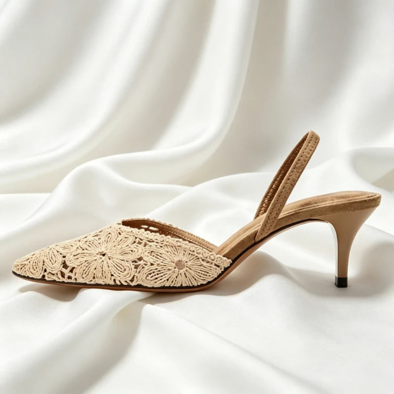 Luxury Embroidered Woven Slingback Heels for Women High-quality Faux Suede Stiletto Sandals Elegant Pointed-toe Designer Shoes