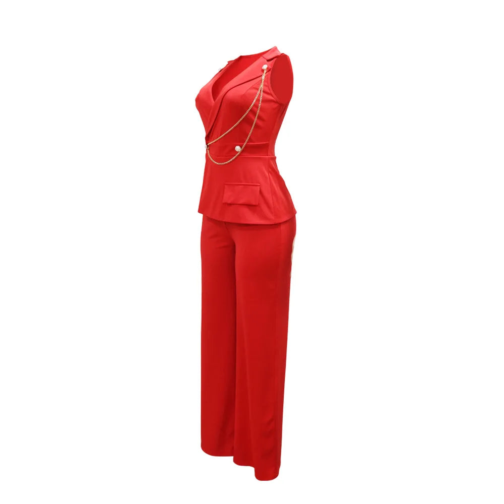 CMYAYA Elegant Womenv-neck High Waist Straight Sleeveless Blazer Jumpsuits 2024 Fall Street Chain Office Lady Party Rompers