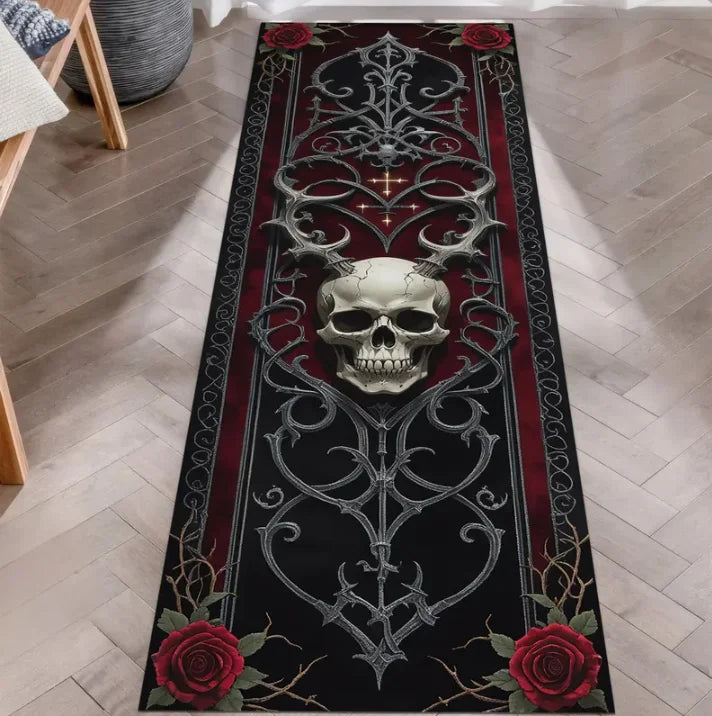 Skull Pattern Gothic Runner Rug Red Black Rose Decor Non-Slip Art Floor Mat for Hallway Living Room Bedside Home Decor Carpet