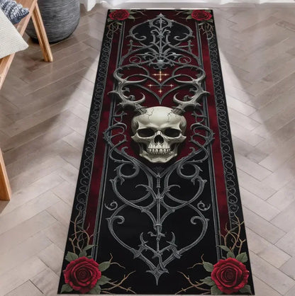 Skull Pattern Gothic Runner Rug Red Black Rose Decor Non-Slip Art Floor Mat for Hallway Living Room Bedside Home Decor Carpet