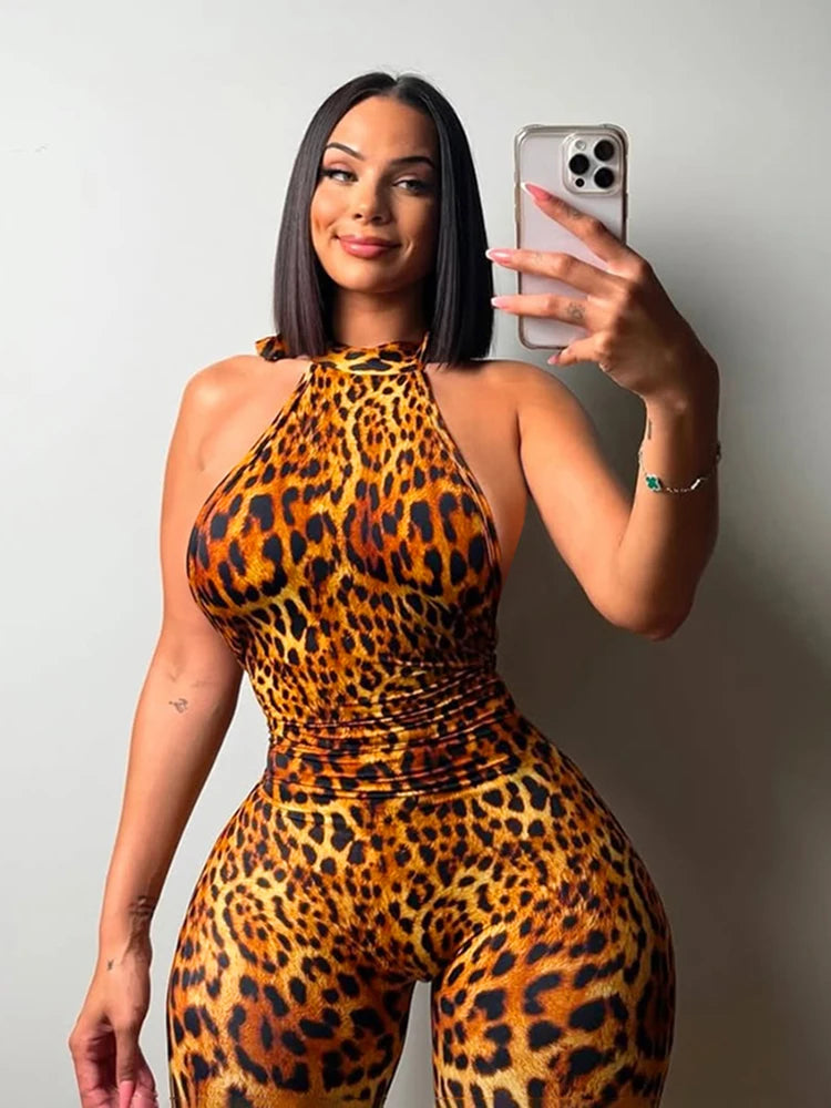 Nibber Summer Trend Backless Romper Women Halter Bandage Leopard Print Fit Tight Stretch Sexy Hipster Activity Workout Playsuits