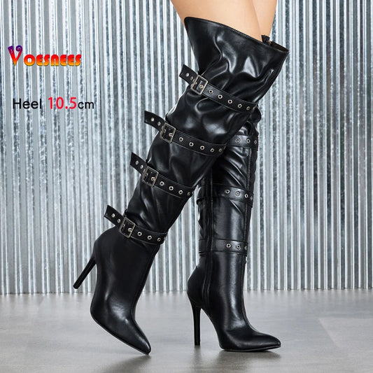 Fashion Belt Buckle Sexy Pointy Toe Over-the-knee Boots Women 10.5CM Stiletto Heels Black Thigh-high Nightclub Club knight Shoes