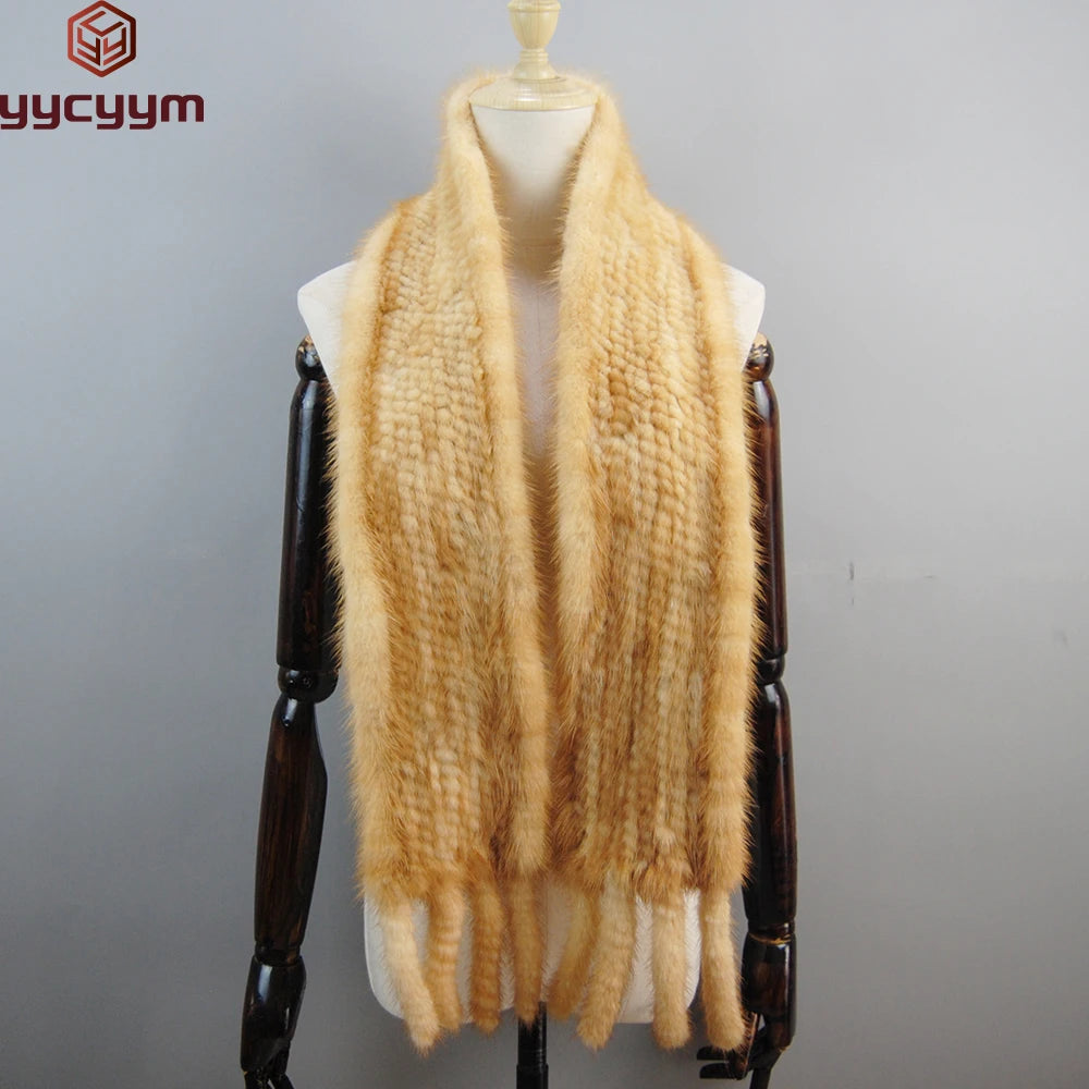 2026 Luxury Women Muffler 100% Real Mink Fur Scarf With Tassel Hand Knitted Natural Mink Scarves Neck Warmer Poncho Wholesale