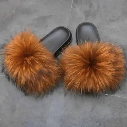 Real Raccoon Fur Slippers For Women 2026 Summer Fluffy Indoor House Fuzzy Flat Slides Outdoor Fashion Beach Sandals Flip Flops