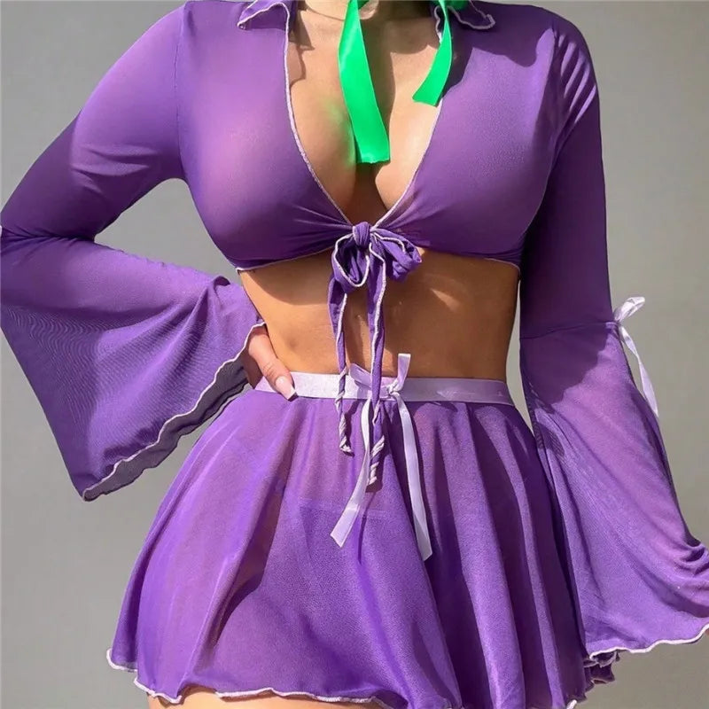 Women Halloween Daphne Sheer Mesh 4 Piece Outfit Front Tie Crop Top Flare Sleeve Mini Skirt Briefs Scarf Party Cosplay Costumes
