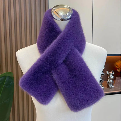 Korean Women Winter Warm Thicken Cross Collar Scarf Imitation Faux Rabbit Fur Scarf Solid Furry Neck Warmer Cold Proof Scarves