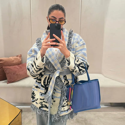 Casual Print Knit Cardigan Women V Neck Long Sleeves Tassels Belts Loose Sweater Female 2026 Autumn Winter Chic Warm Knitwears