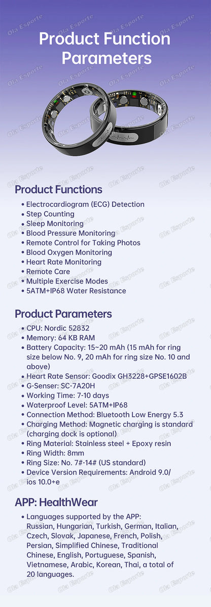 AI ECG Detection Smart Ring 2026 Blood Pressure Heart Rate Body Temperature Monitoring 5ATM Waterproof Multiple Sport Smartring